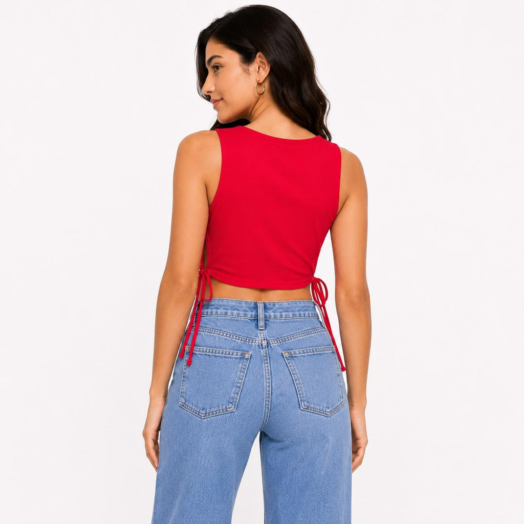 Women's Imperial Ruby Red Crew-Neck Tank Crop Top with Dual Side-Cinched Drawstrings-3