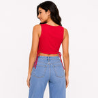 Women's Imperial Ruby Red Crew-Neck Tank Crop Top with Dual Side-Cinched Drawstrings-3