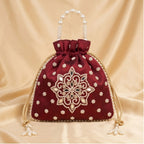 Women's Maroon Embroidered Potli Bag with Pearl Handle-2