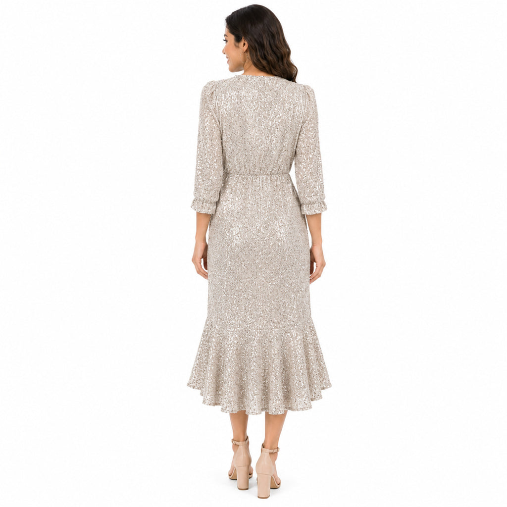 Taupe Lace-Texture Wrap Dress – Ruffle Hem Elegance-4