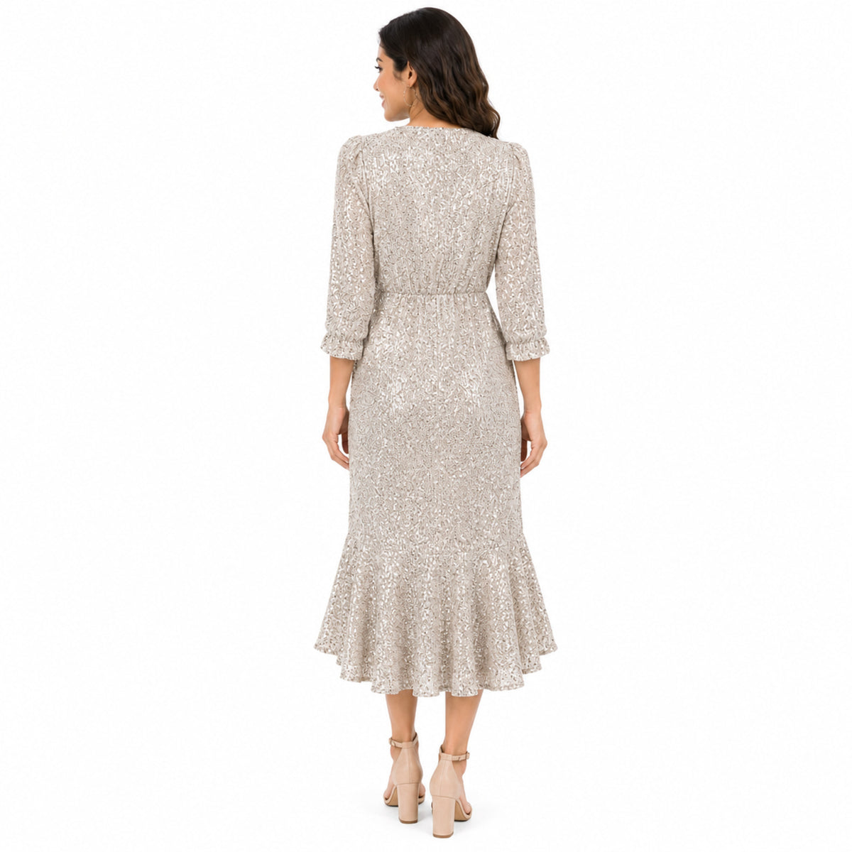 Taupe Lace-Texture Wrap Dress – Ruffle Hem Elegance-4