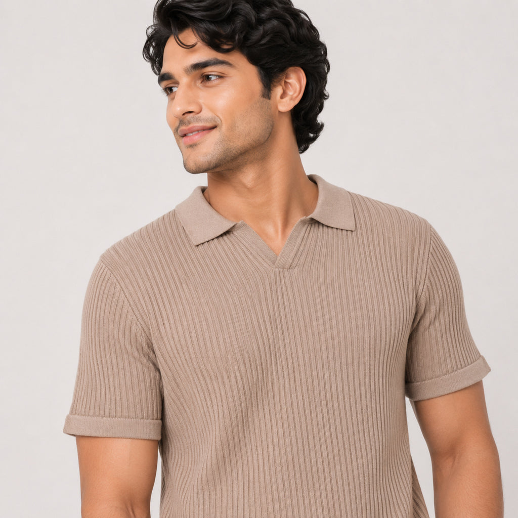Men's Sandstone Ribbed Knit Polo T-Shirt-3