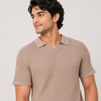 Men's Sandstone Ribbed Knit Polo T-Shirt-3