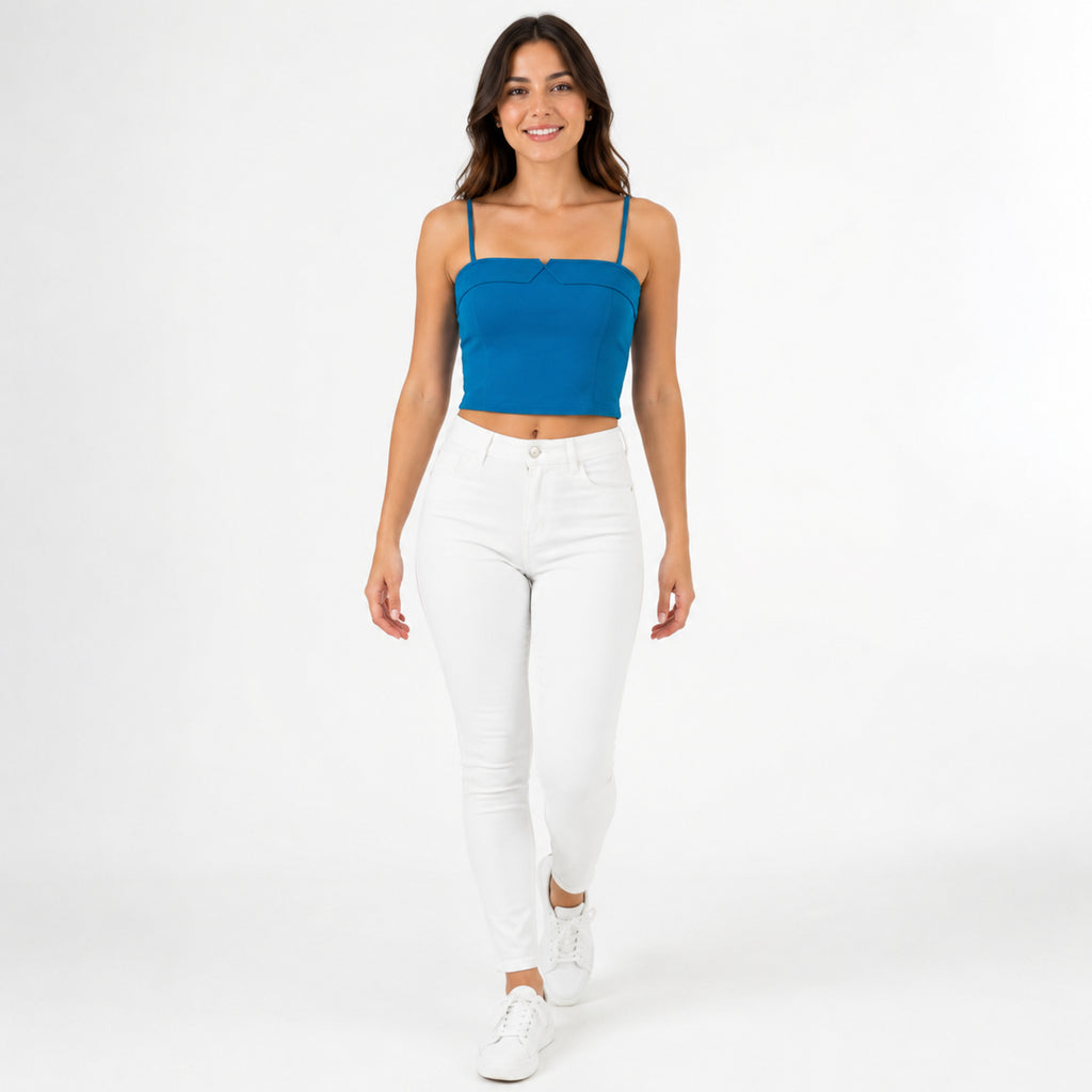 Women's Teal Sweetheart Neck Crop Cami Top | Slim Fit Spaghetti Strap Top-3