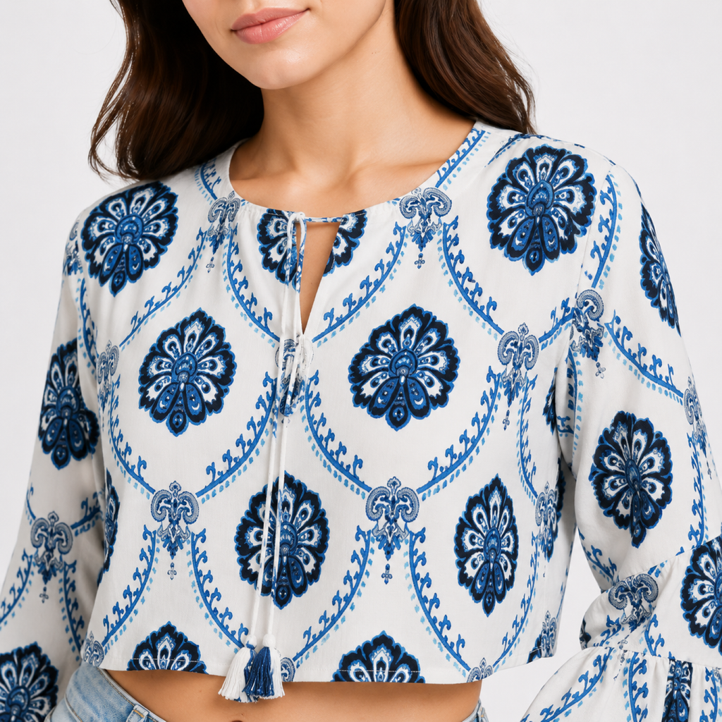 Women's White Blue Floral Print Bell Sleeve Crop Top-1