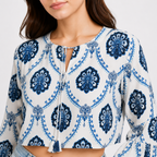 Women's White Blue Floral Print Bell Sleeve Crop Top-1
