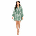Women's Green Abstract Collared Mini Dress with Balloon Sleeves-1