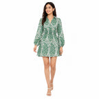 Women's Green Abstract Collared Mini Dress with Balloon Sleeves-1