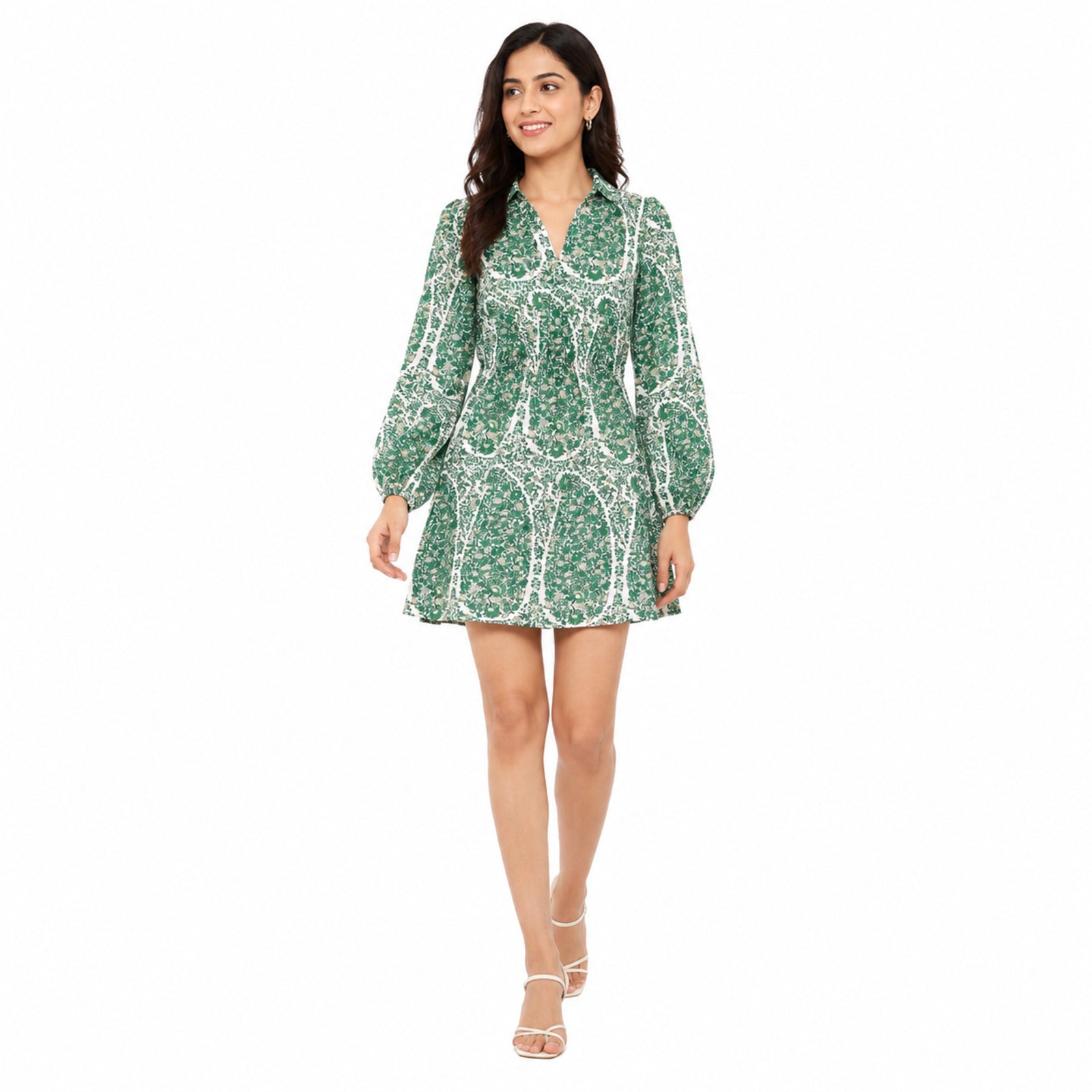 Women's Green Abstract Collared Mini Dress with Balloon Sleeves-1