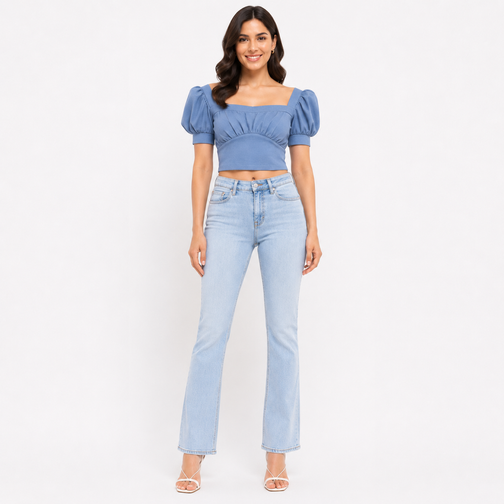 Women's Blue Solid Square Neck Puff Sleeve Crop Top-3