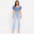 Women's Blue Solid Square Neck Puff Sleeve Crop Top-3
