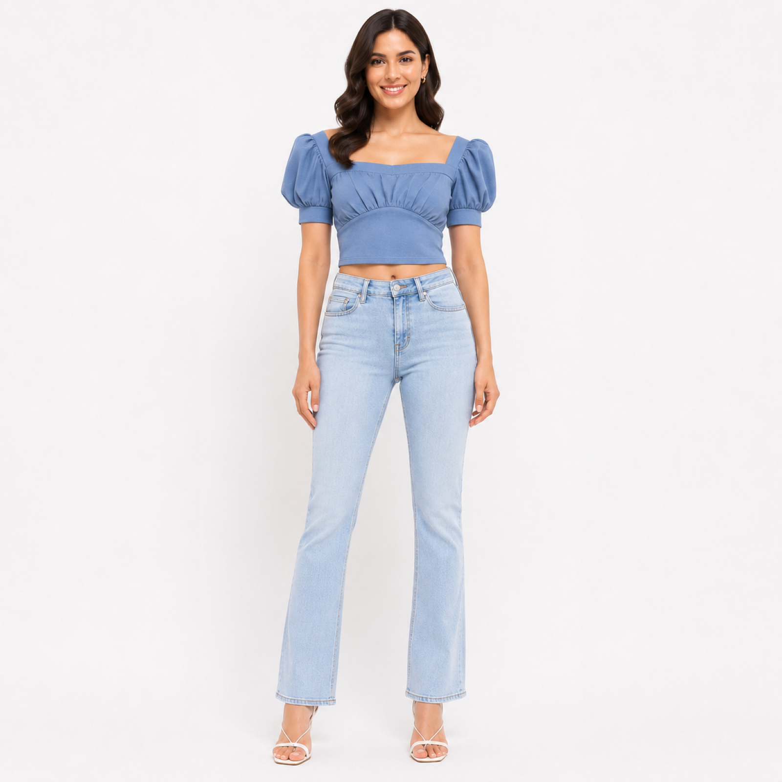 Women's Blue Solid Square Neck Puff Sleeve Crop Top-3