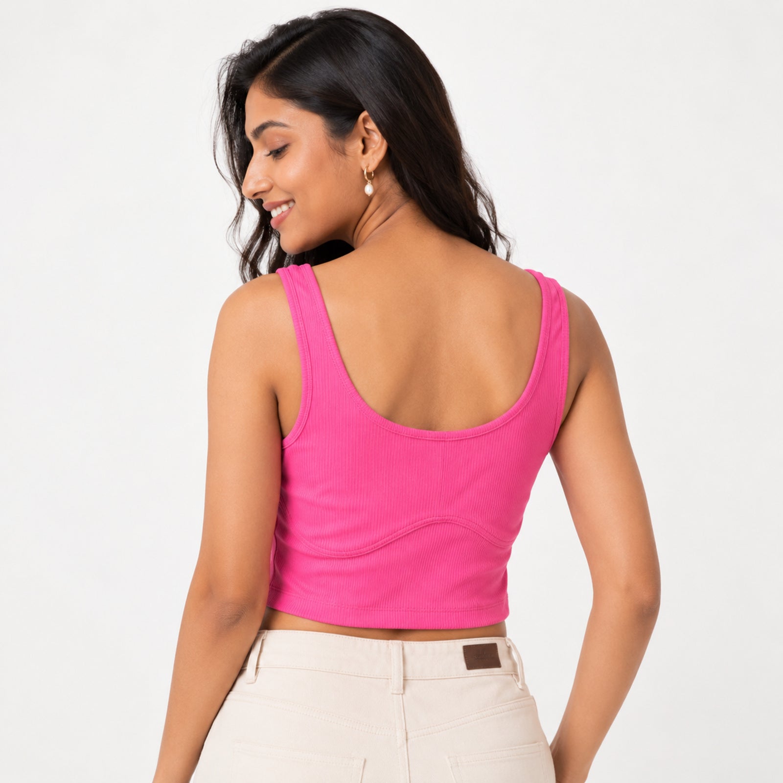 Women's Neon Pink Ribbed Sports Crop Top-3