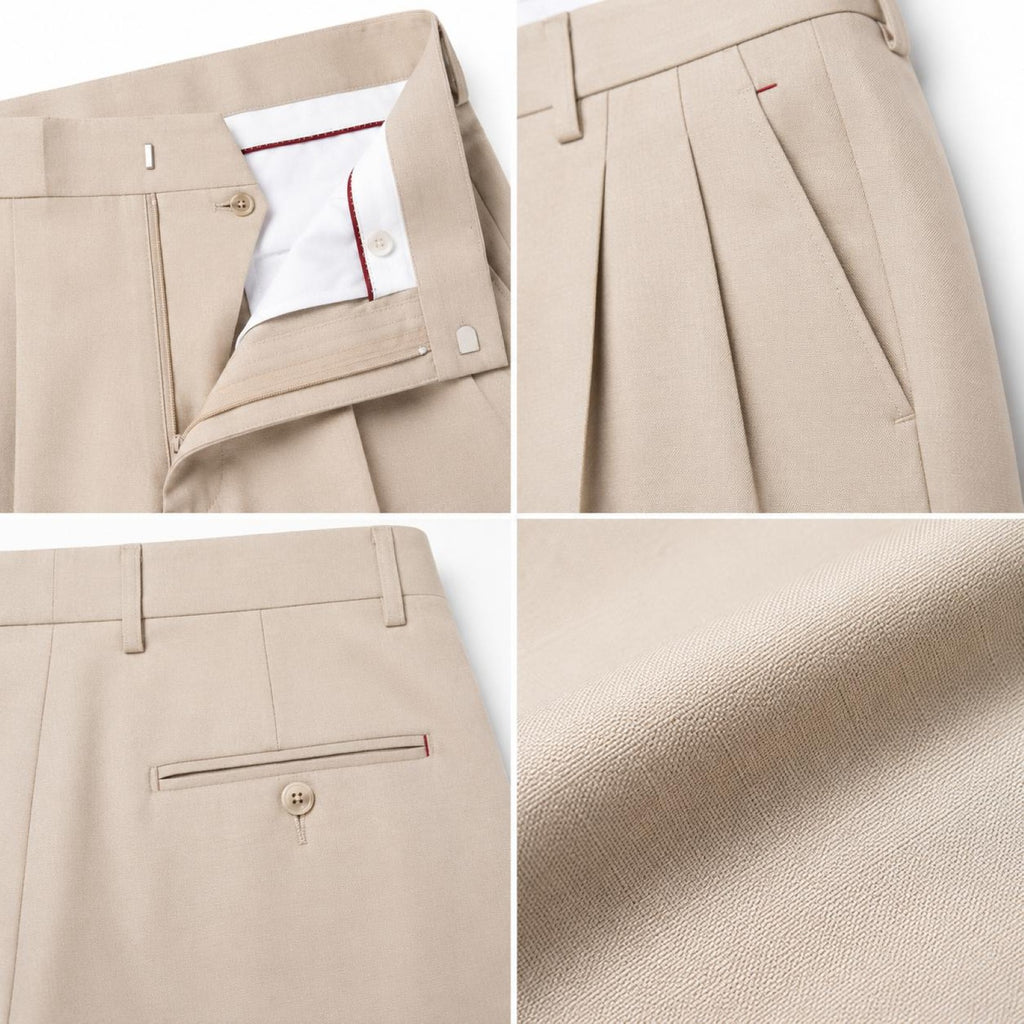 Men's Cream Double Pleated Tapered Formal Trousers | Tailored Smart Office Wear Pants-3