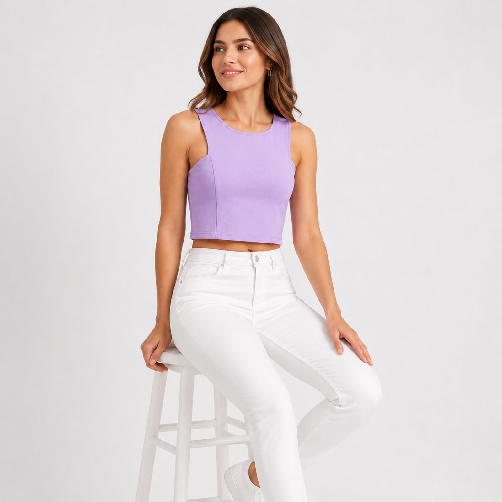 Women's Lavender Sleeveless Round Neck Crop Top-3