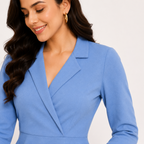 Women's Blue Solid Blazer Collar Full Sleeve Fit & Flare Mini Dress-1