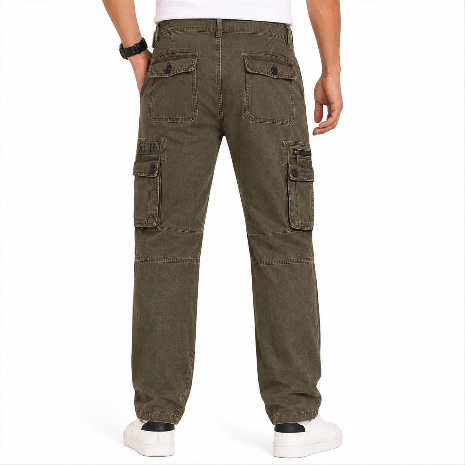 Men's Green Washed Cargo Jeans with Utility Pocket Detail-4