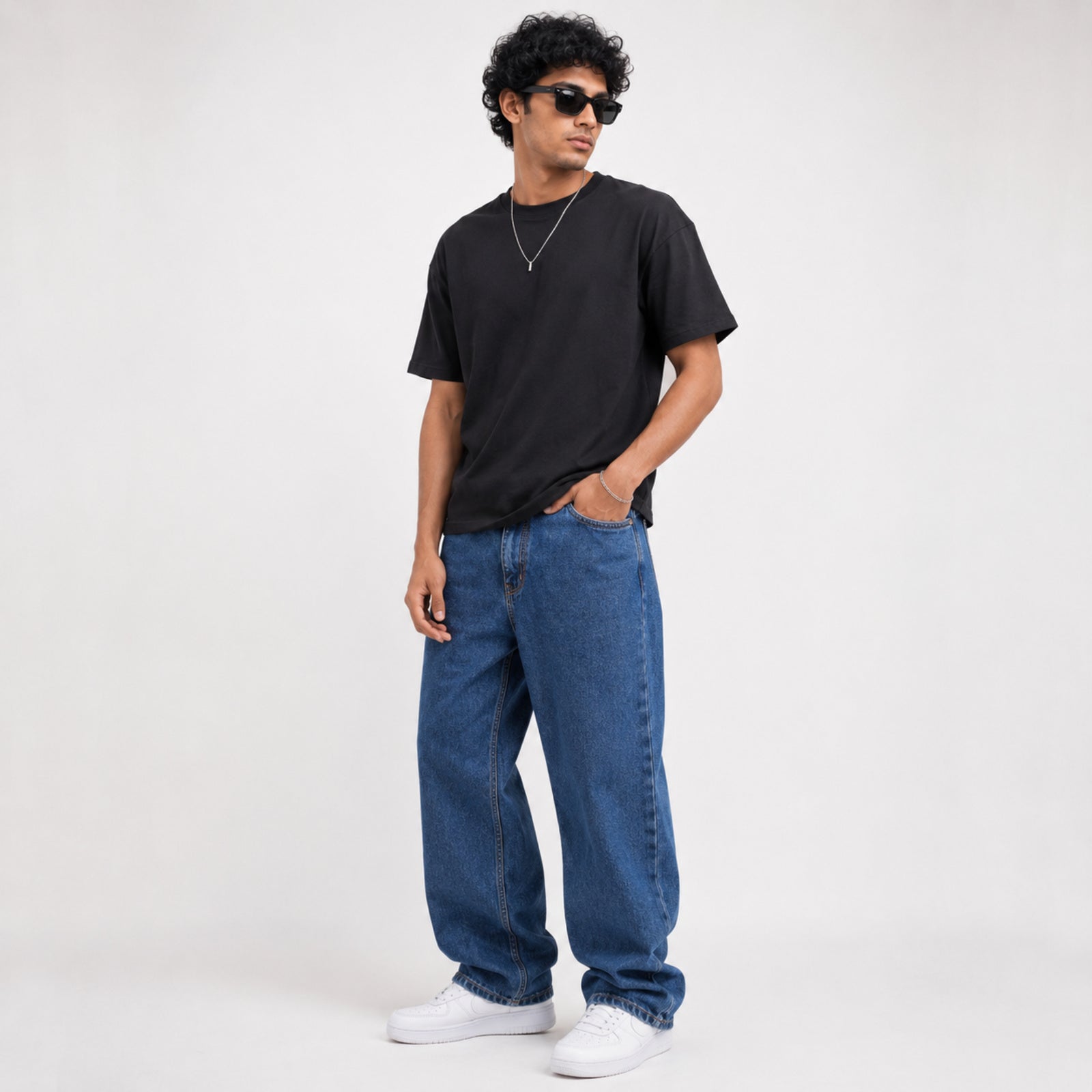 Men's Blue Baggy Fit Washed Denim Jeans-1