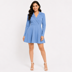 Women's Blue Solid Blazer Collar Full Sleeve Fit & Flare Mini Dress-3