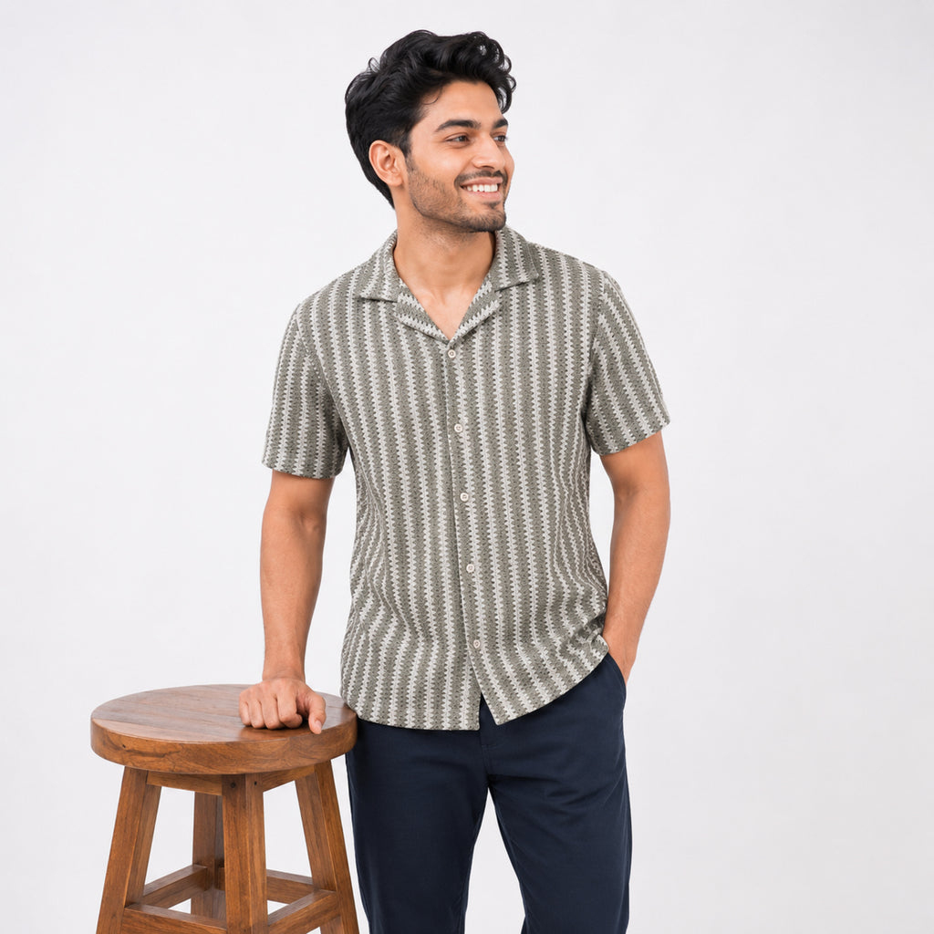 Men's Grey Vertical Stripe Casual Cuban Collar Shirt-3