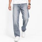 Men's Light Blue Vintage Washed Straight Fit Denim Jeans-4