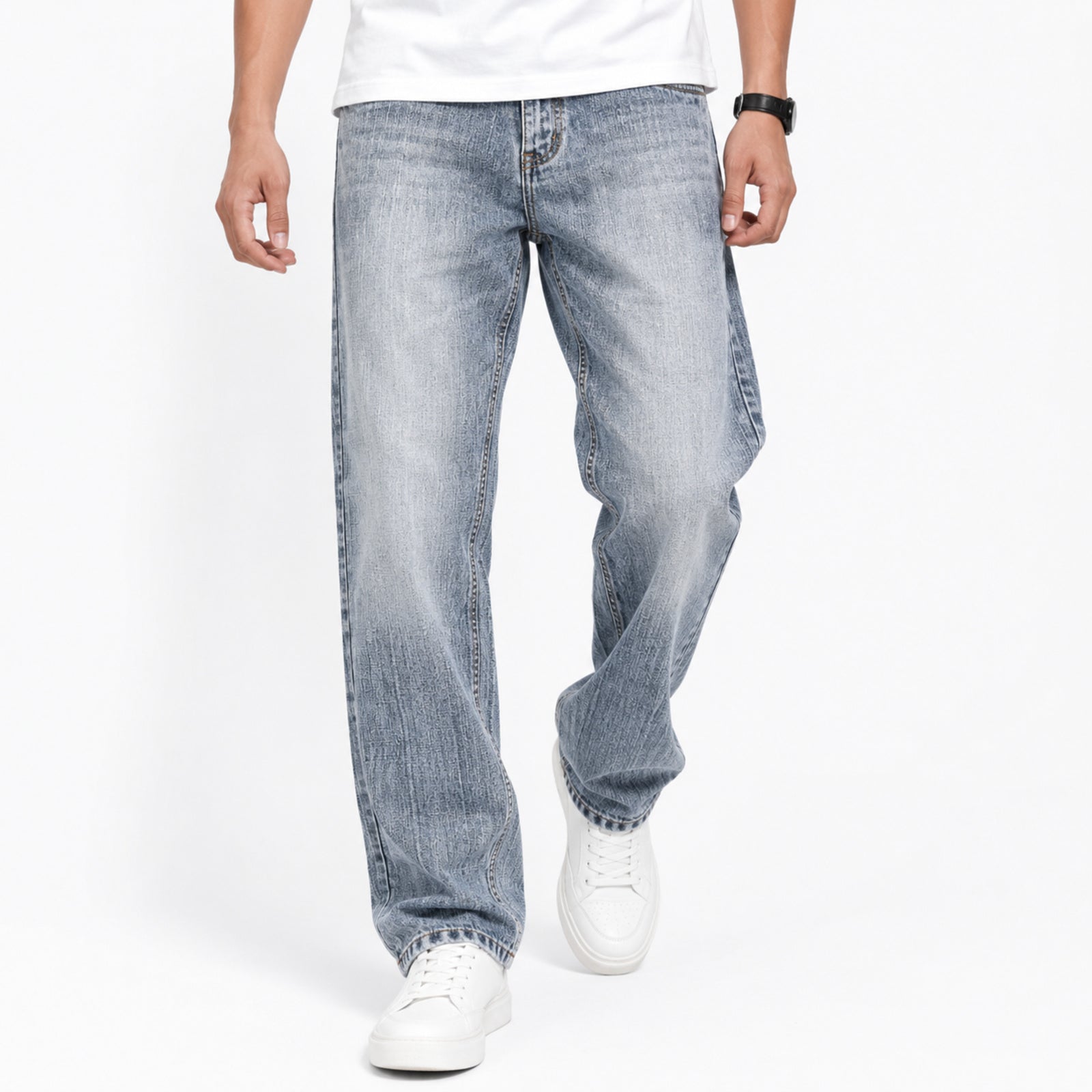 Men's Light Blue Vintage Washed Straight Fit Denim Jeans-4