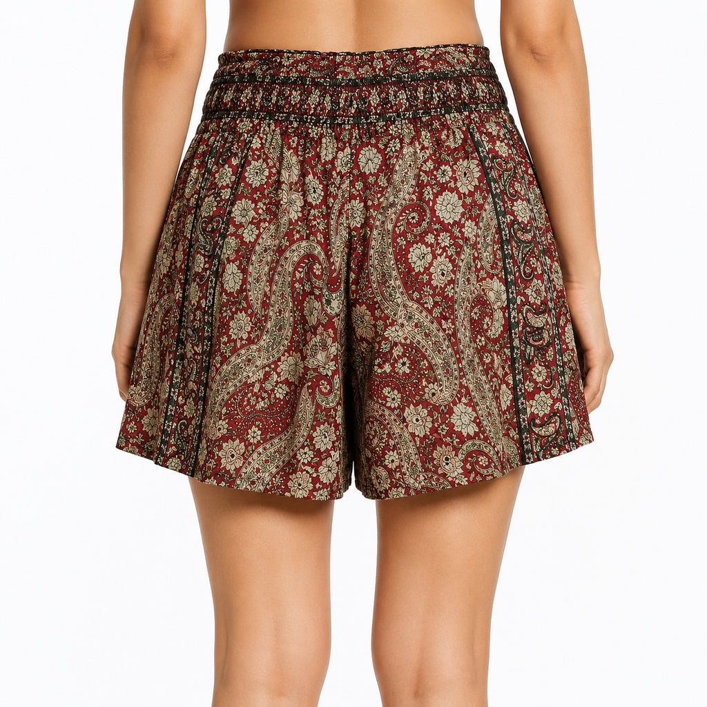 Women's Light Green Paisley Print Flared Shorts | Boho Elastic Waist Casual Summer Shorts-4