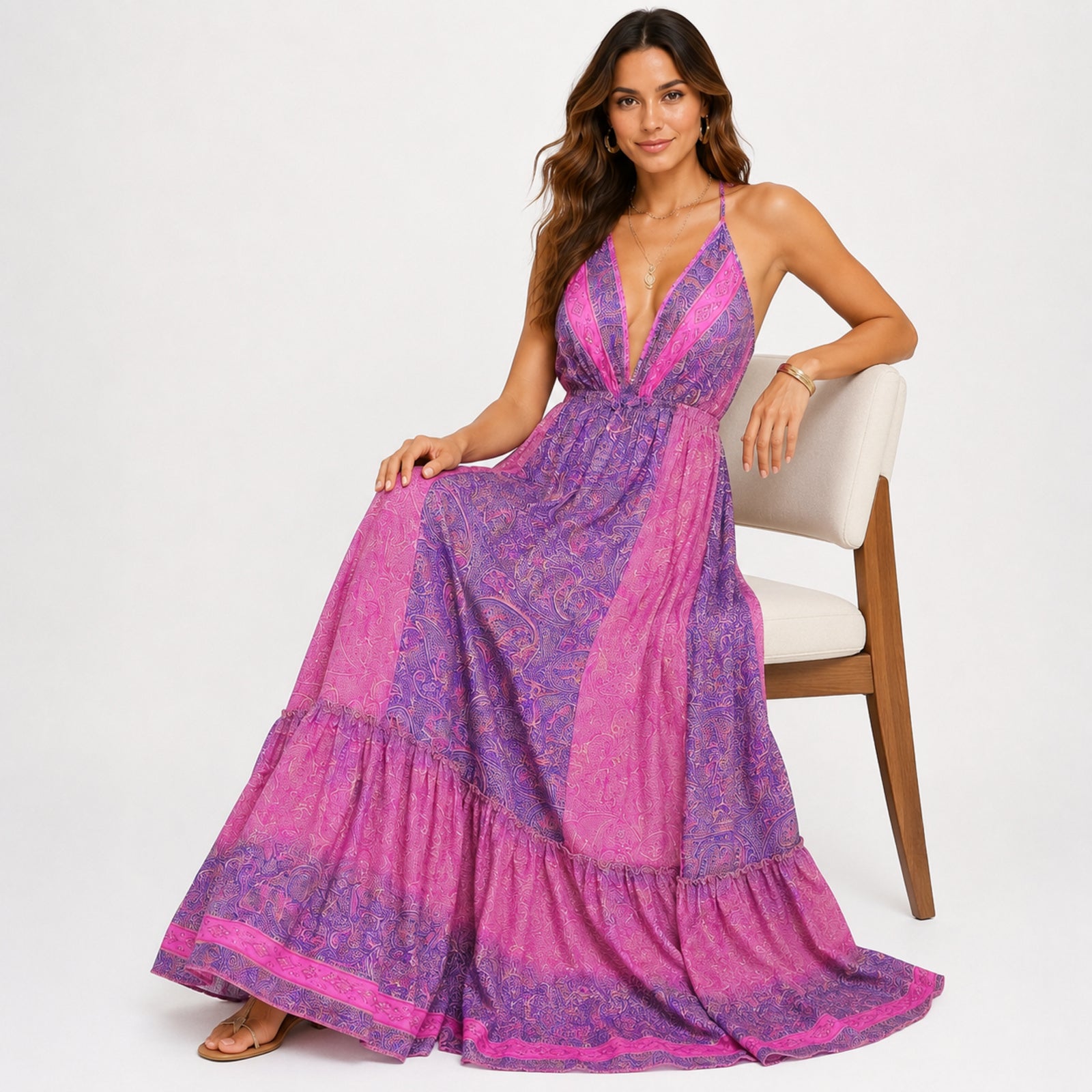 Women's Pink Paisley Printed Deep V-Neck Maxi Dress-2