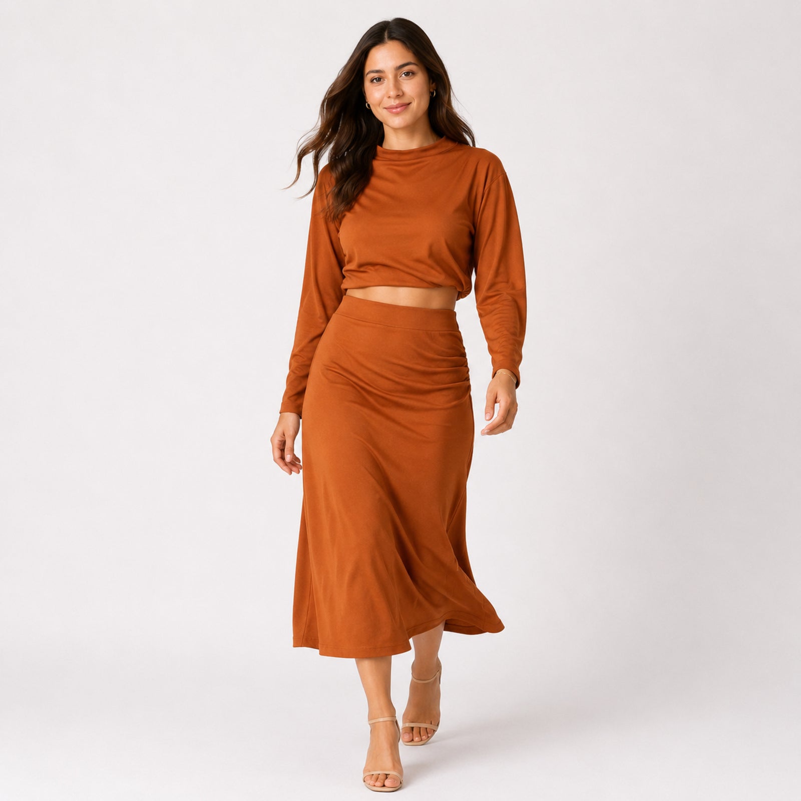 Women's Orange Long Sleeve Crop Top and Midi Skirt Co-Ord Set-1