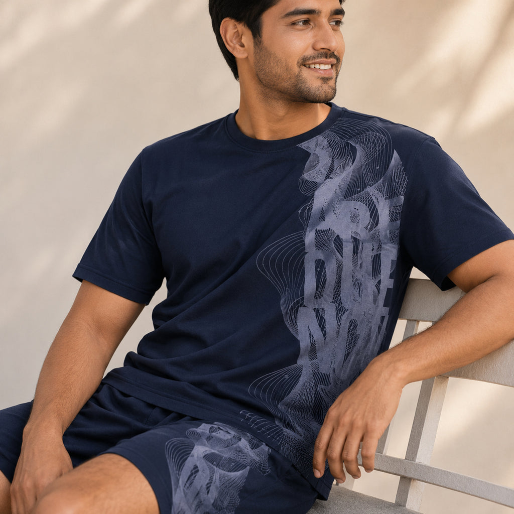 Men's Navy Blue Abstract Wave Graphic Performance T-Shirt and Shorts Co-ord Set-1
