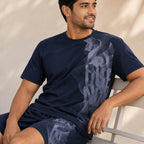 Men's Navy Blue Abstract Wave Graphic Performance T-Shirt and Shorts Co-ord Set-1