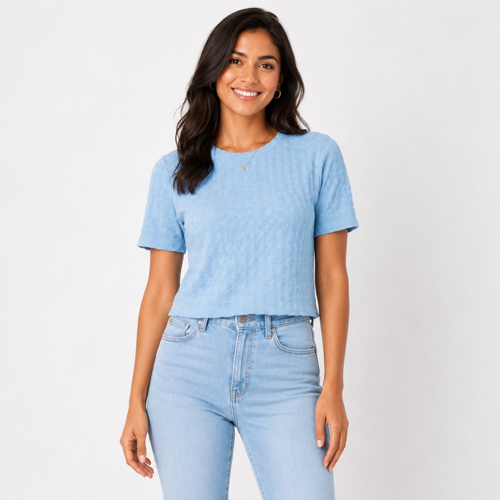 Women's Sky Blue Textured Short Sleeve Top-1