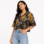 Women's Olive Green Paisley Print Collared Half Sleeve Crop Shirt-3