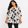 Women's Avant-Garde Alabaster Cream Abstract Graphic Print Asymmetric Tunic Shirt-4
