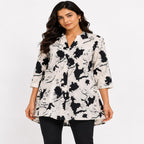 Women's Avant-Garde Alabaster Cream Abstract Graphic Print Asymmetric Tunic Shirt-4