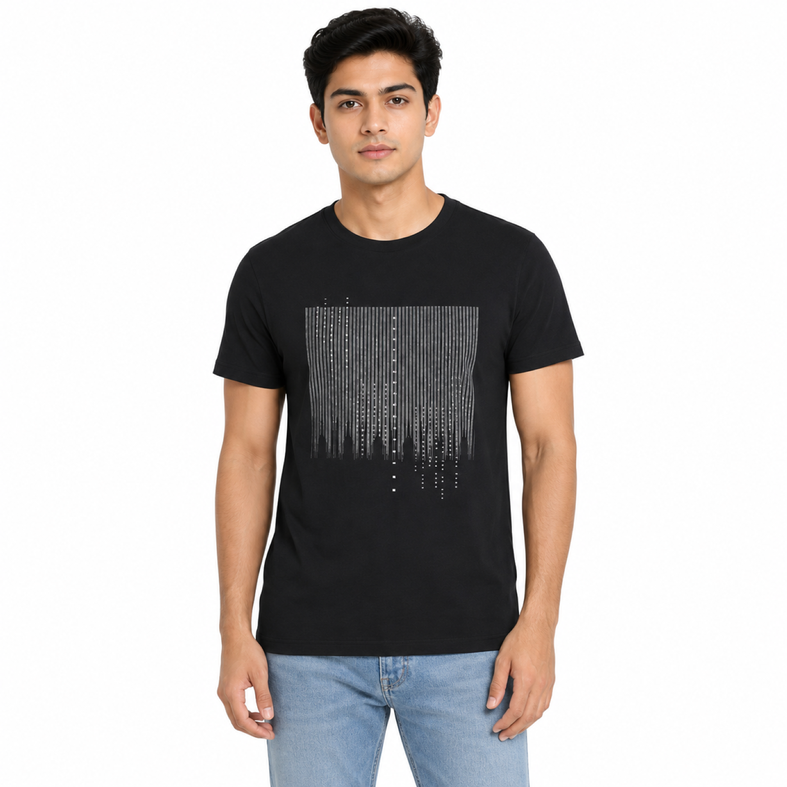 Men's Navy Blue Vertical Line Graphic Crew Neck T-Shirt | Regular Fit Half Sleeve Casual Tee-1