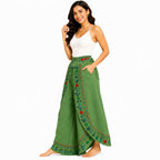 Women's Parrot Green Embroidered Lace-Up Wide Leg Palazzo Pants-3