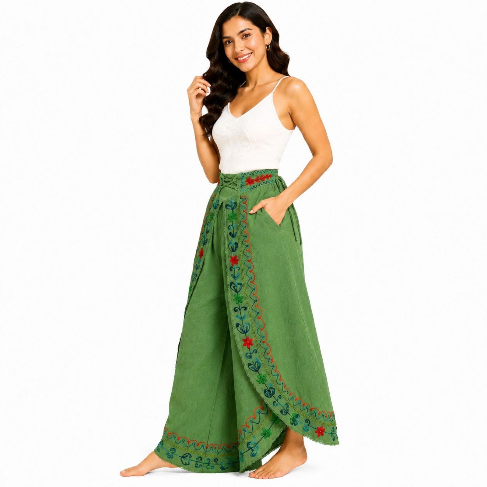 Women's Parrot Green Embroidered Lace-Up Wide Leg Palazzo Pants-3