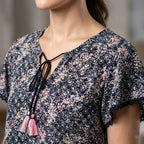 Women's Black Floral Print Tassel Detail Top-4
