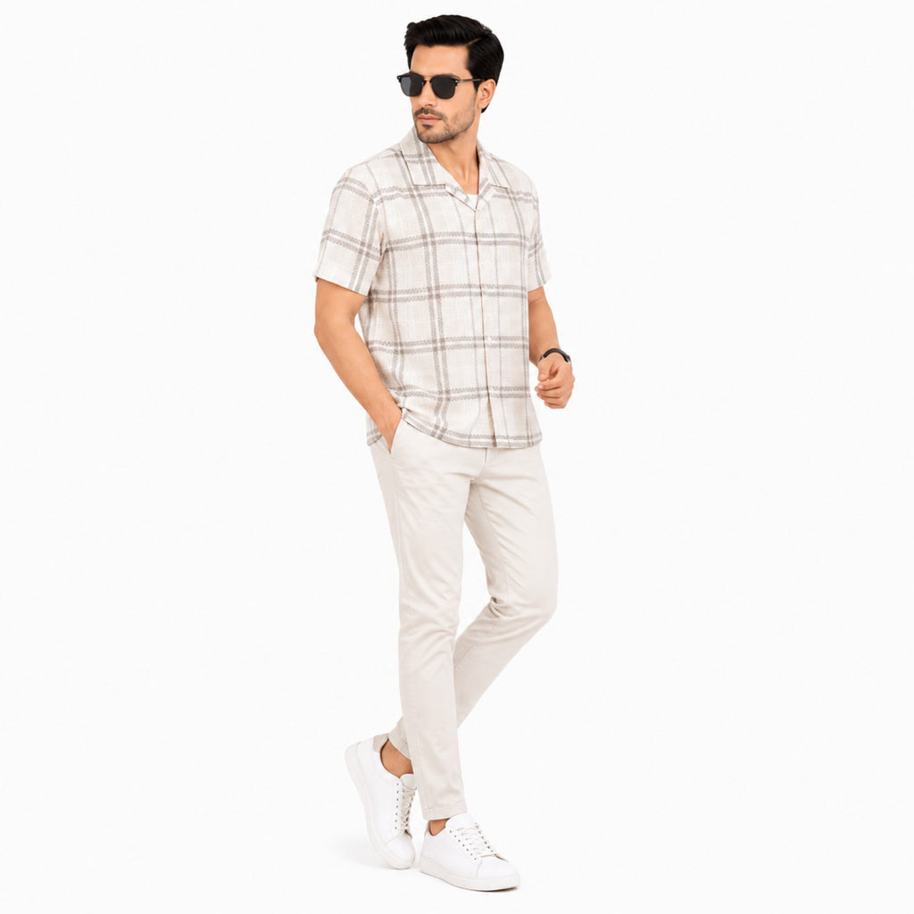 Men's Beige Windowpane Check Casual Half Sleeve Shirt-1