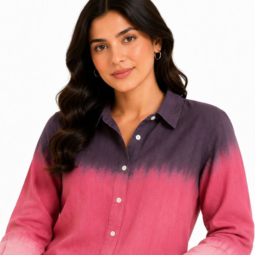Women's Pink Ombre Dyed Collared Shirt and Wide-Leg Pyjama Co-Ord Set | Relaxed Lounge Set-3