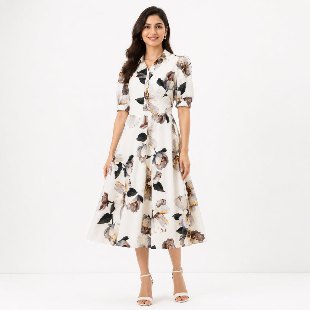 Women's Elegant Floral Print Midi Dress-1