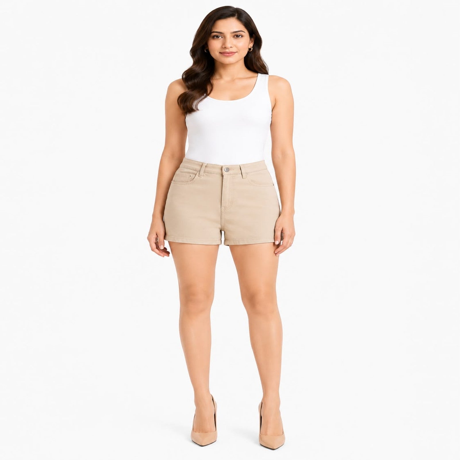 Women's Beige High-Rise Casual Shorts with Five-Pocket Design-2