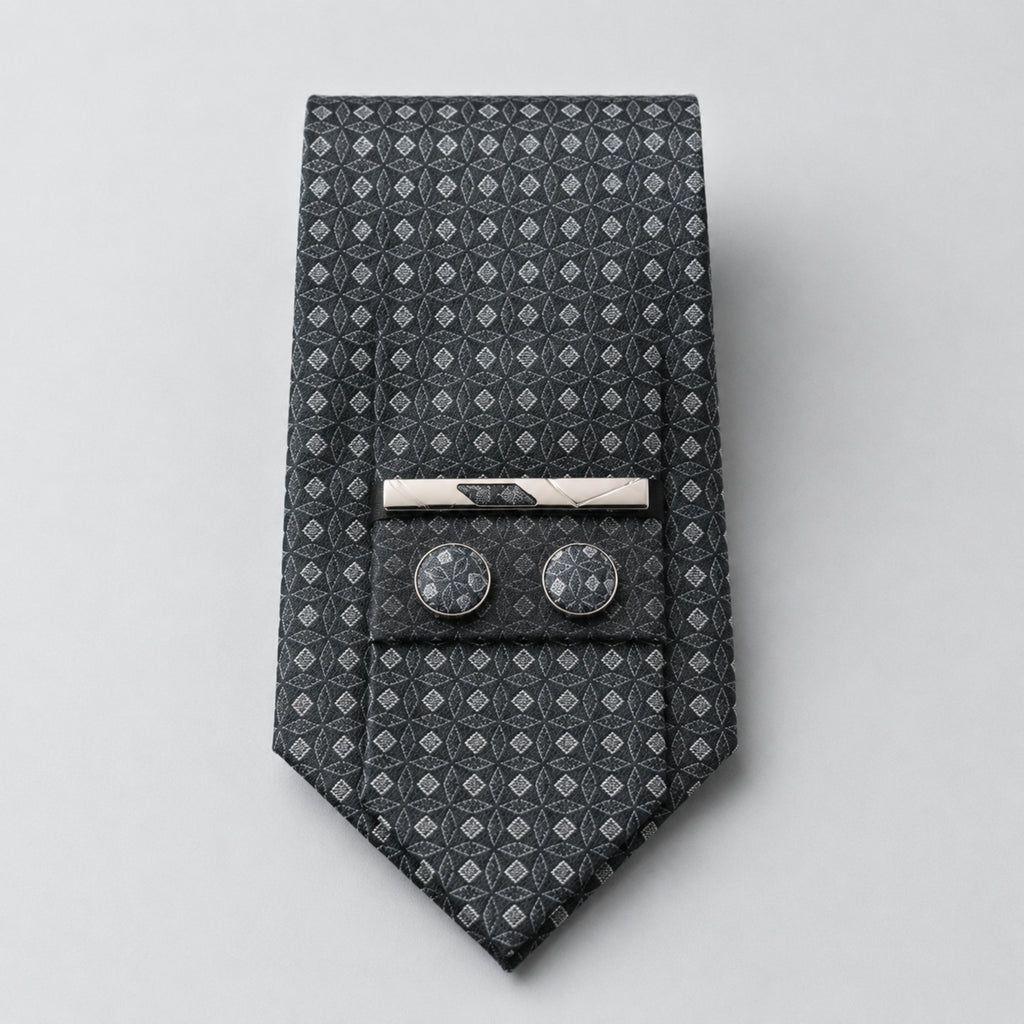 Men's Luxury Geometric Patterned Grey Silk Necktie-3