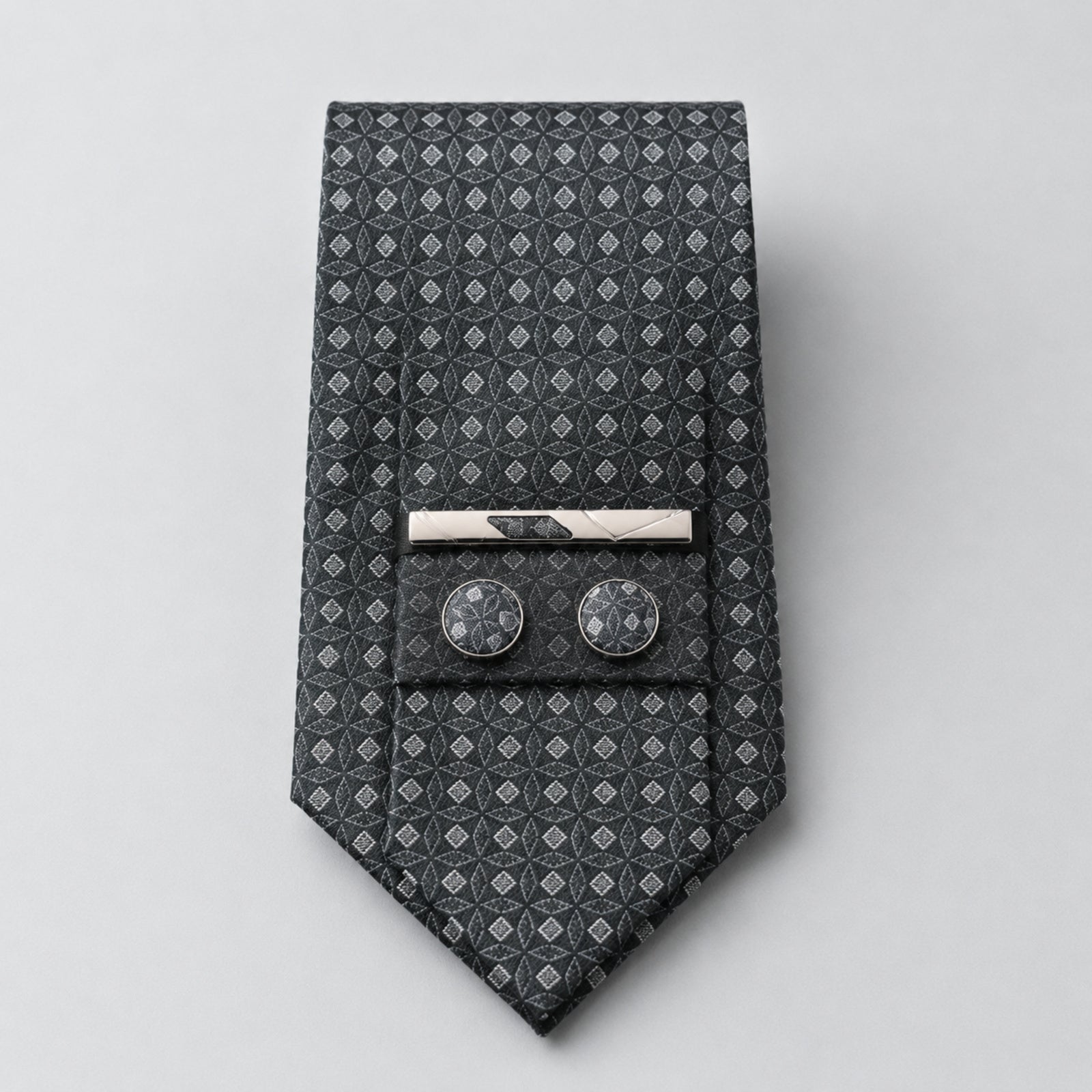 Men's Luxury Geometric Patterned Grey Silk Necktie-3