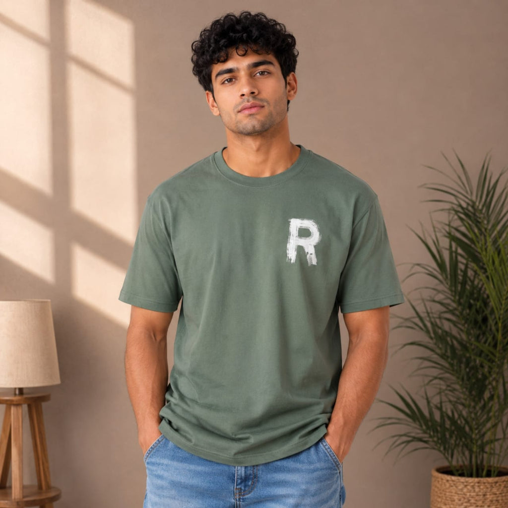 Men's Sage Green Minimal Graphic Casual T-Shirt-4