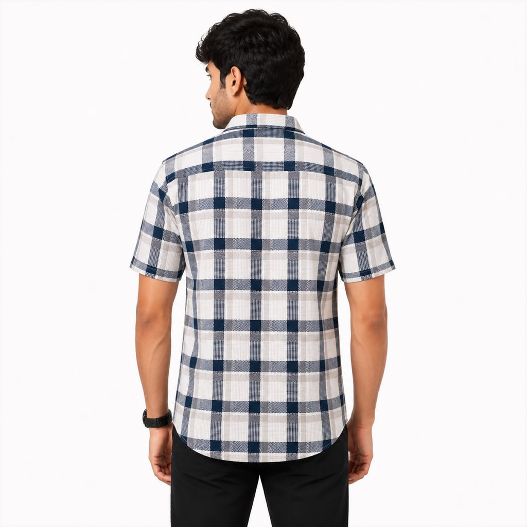 Men's White & Dark Grey Checked Half Sleeve Casual Shirt-3