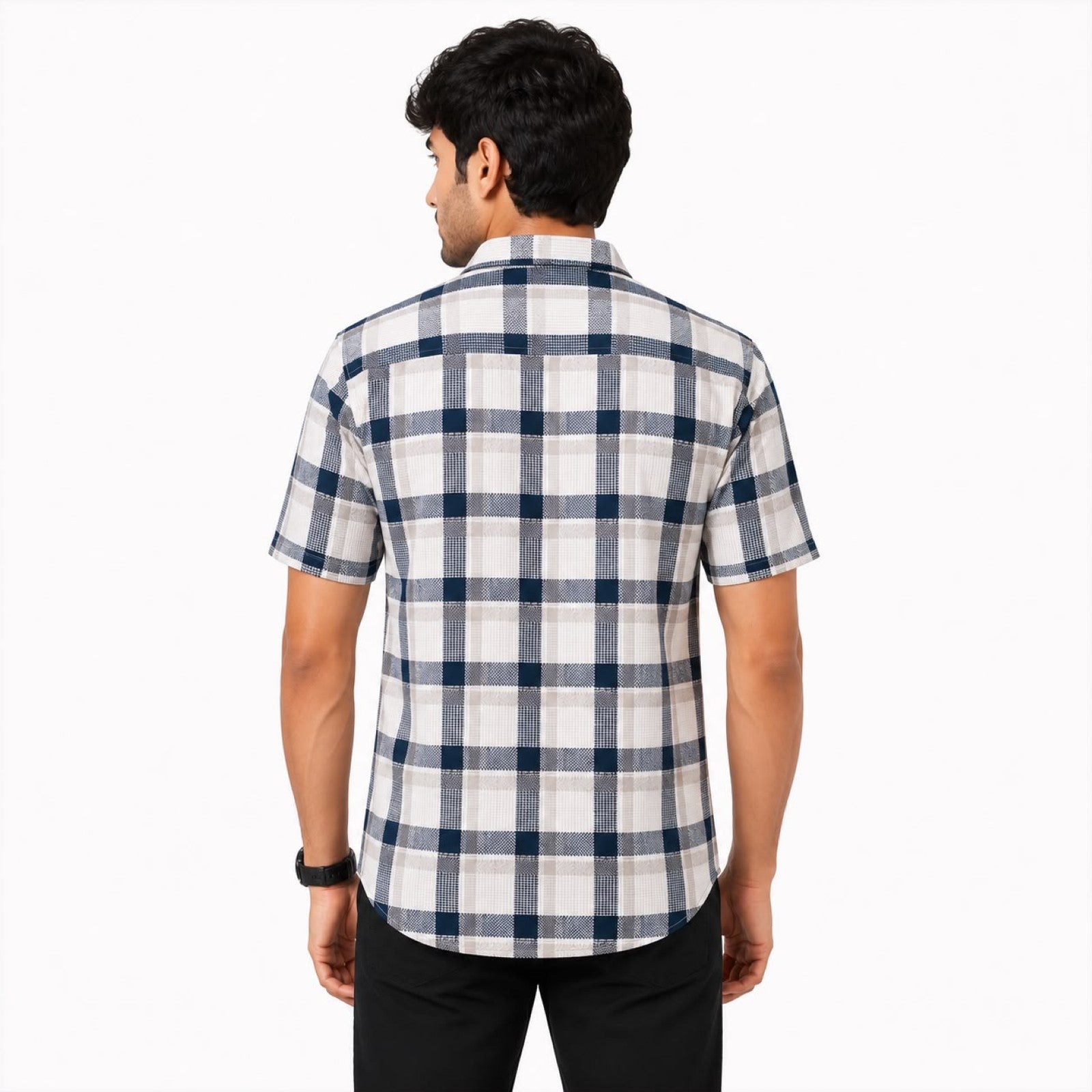 Men's White & Dark Grey Checked Half Sleeve Casual Shirt-3