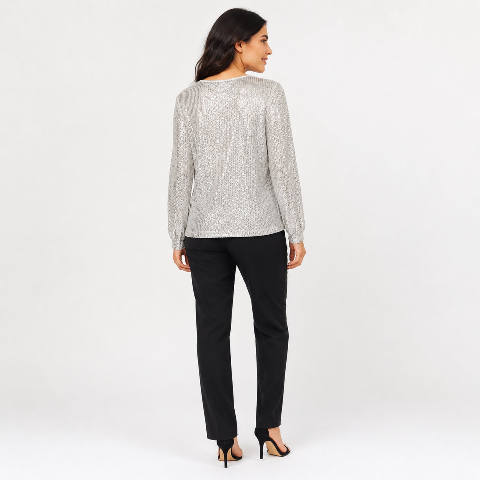 Women's White Sequin Round Neck Long Sleeve Top | Shimmer Party Wear Blouse-4