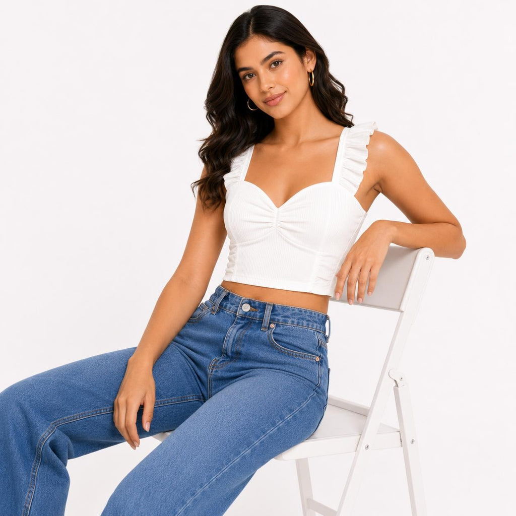 Women's Celestial Alabaster White Ribbed Bustier Top with Layered Frill Straps-2
